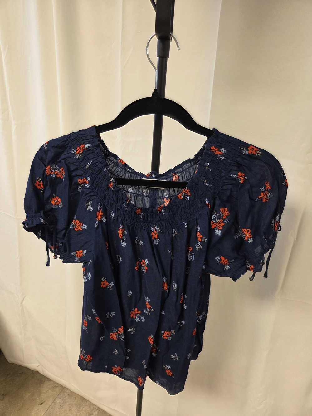 Sonoma Navy Floral Smocked Neck Puff Sleeve Blouse